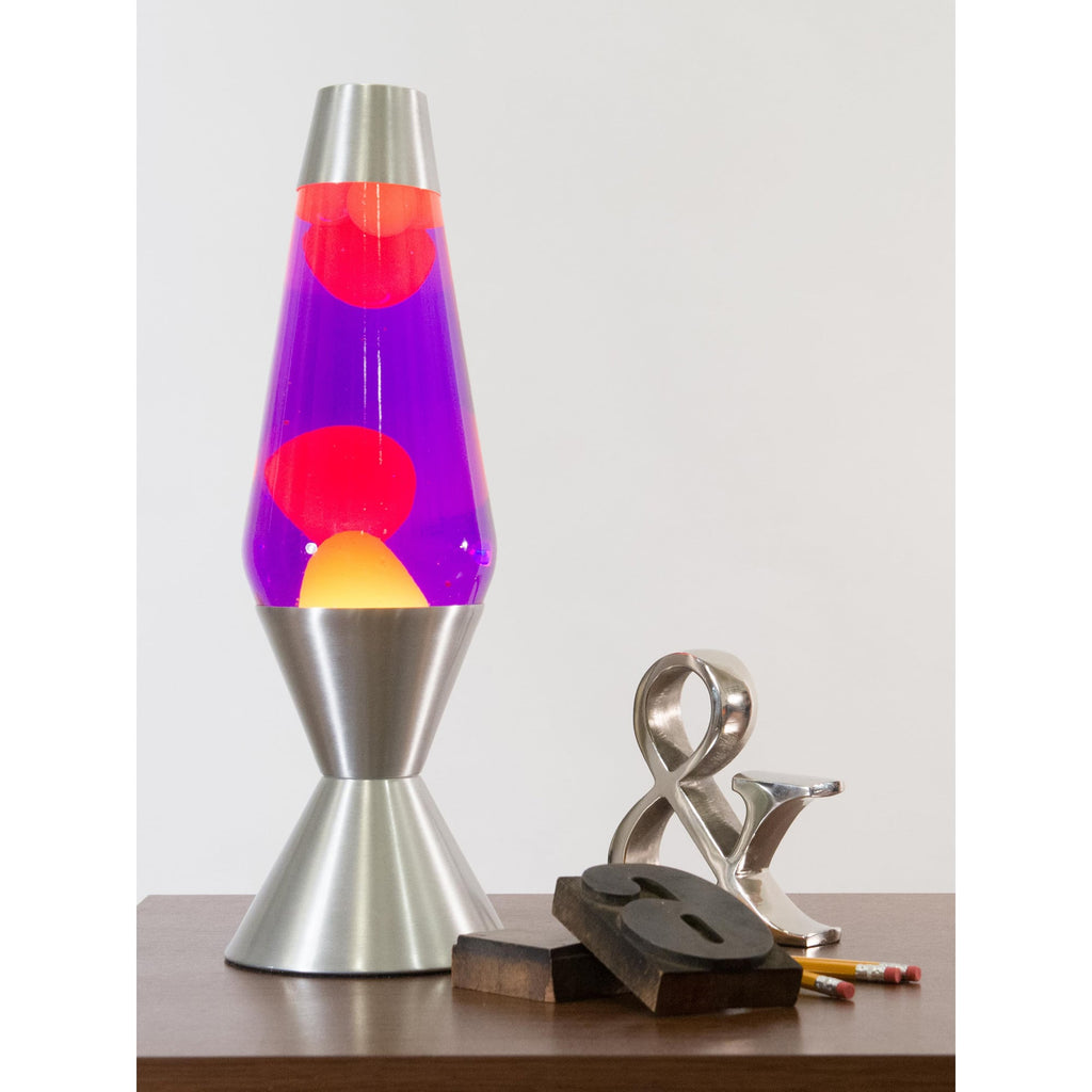 16.3" LAVA� Lamp - Yellow/Purple/Silver on a table with knick knacks